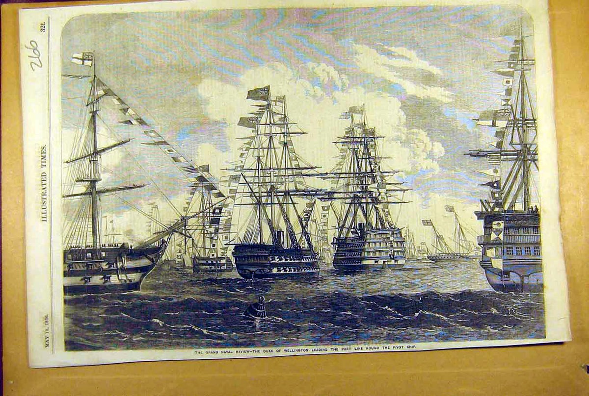 Old Antique Print 1856 Naval Review Duke Wellington Pivot Ship Port Line 19th