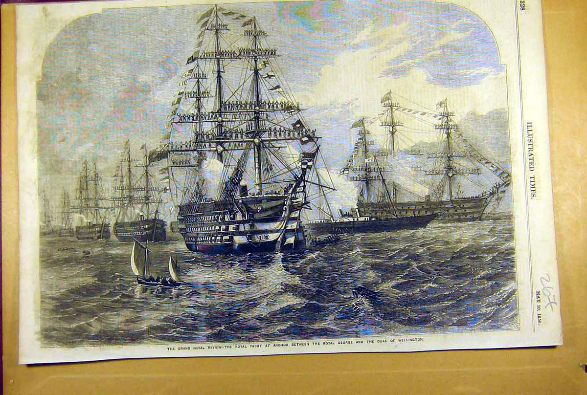 Original Old Antique Print 1856 Grand Naval Review Royal Yacht Duke Wellington