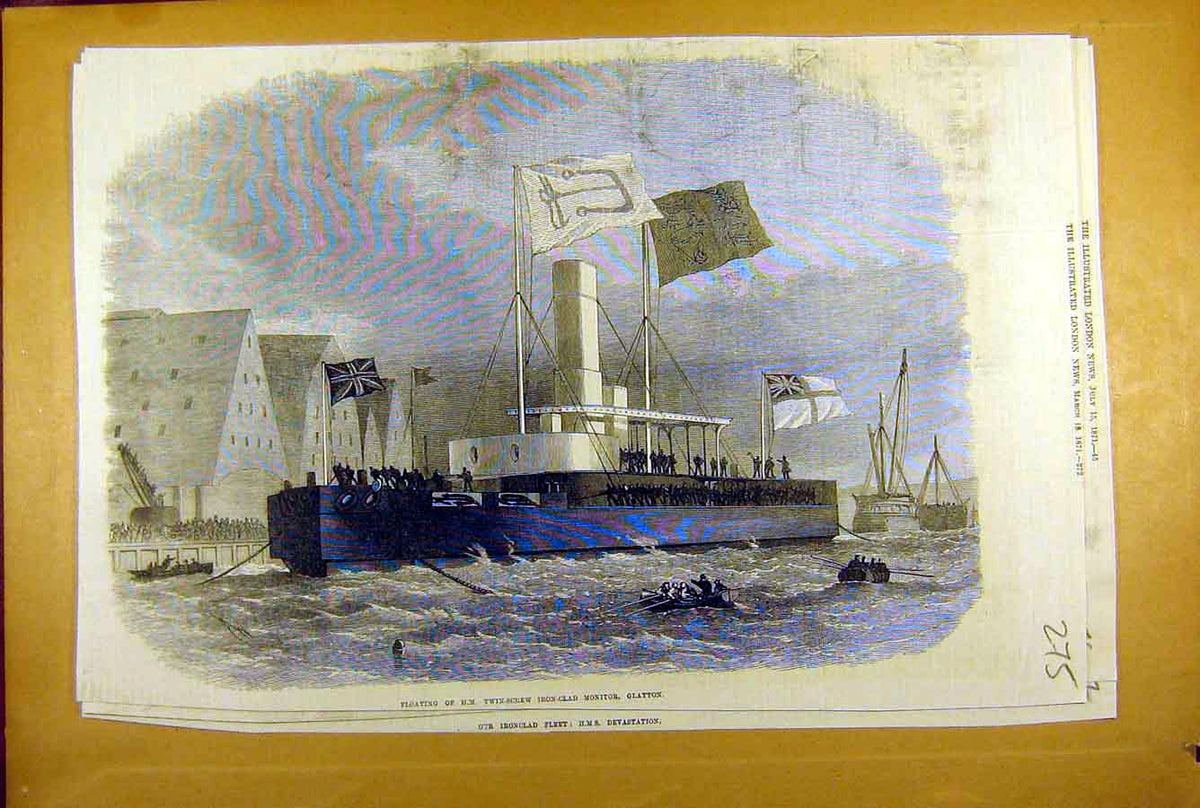 Original Old Antique Print 1871 Hm Twin-Screw Iron-Clad Monitor Glatton Ship