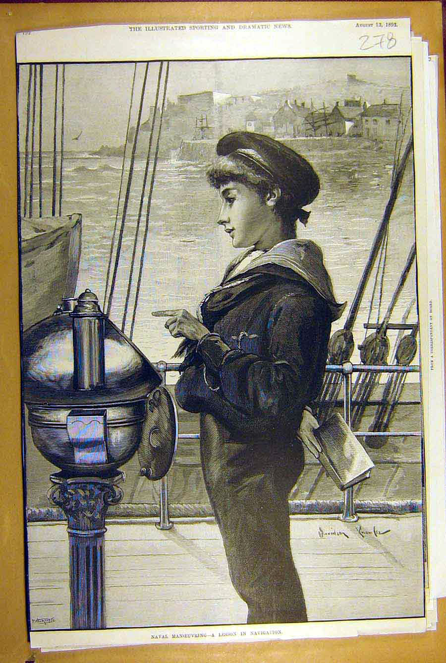 Original Old Antique Print 1892 Naval Manoeuvres Lesson Navigation Child Sailor