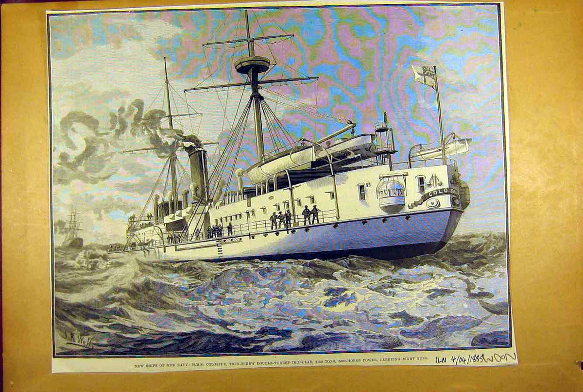 Original Old Antique Print 1885 Ships Navy Hms Colossus Iron-Clad Double-Turret