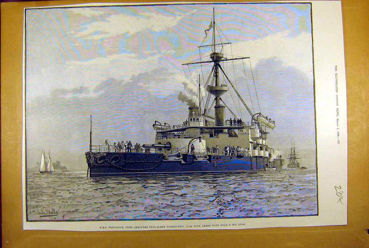 Old Antique Print 1890 Hms Trafalgar Steel-Armoured Twin-Screw Turret Shi 19th