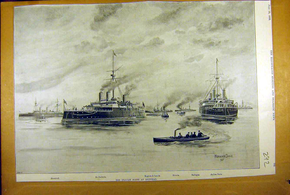Original Old Antique Print 1895 Italian Fleet Spithead Ships Etruria Stromboli
