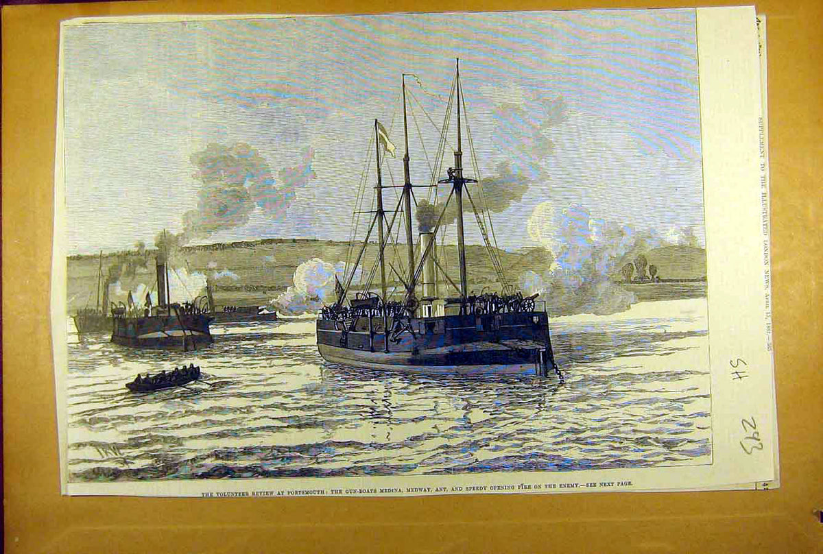Original Old Antique Print 1882 Volunteer Review Portsmouth Gun-Boats Medina Ant