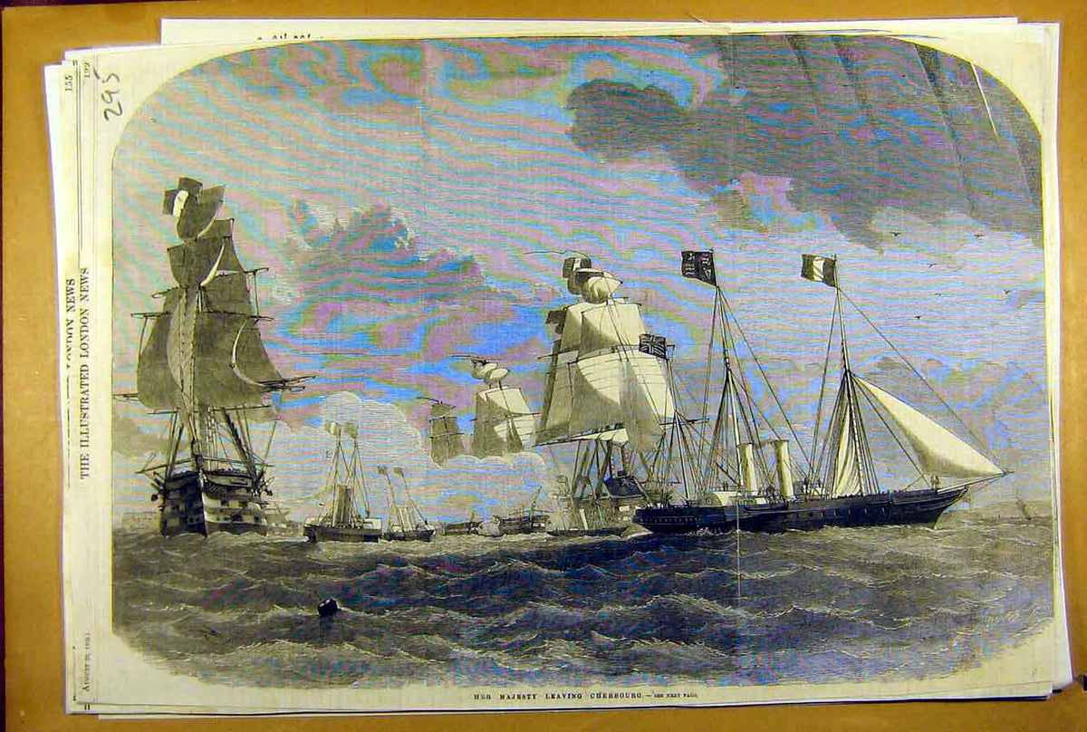 Original Old Antique Print 1858 Queen Cherbourg Ship Naval Fleet Royal Victorian