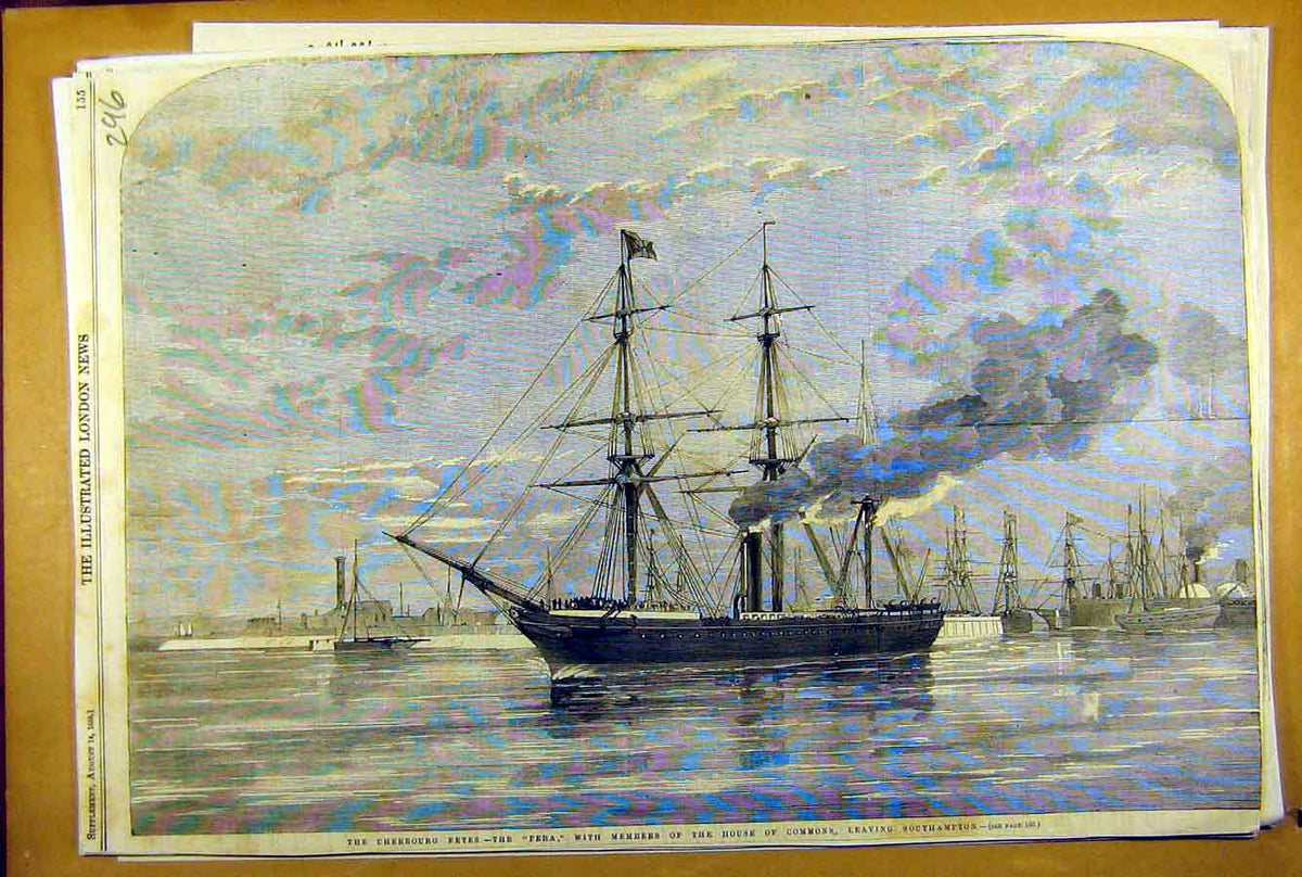 Original Old Antique Print 1858 Cherbourg Fetes Pera House Commons Members Ship