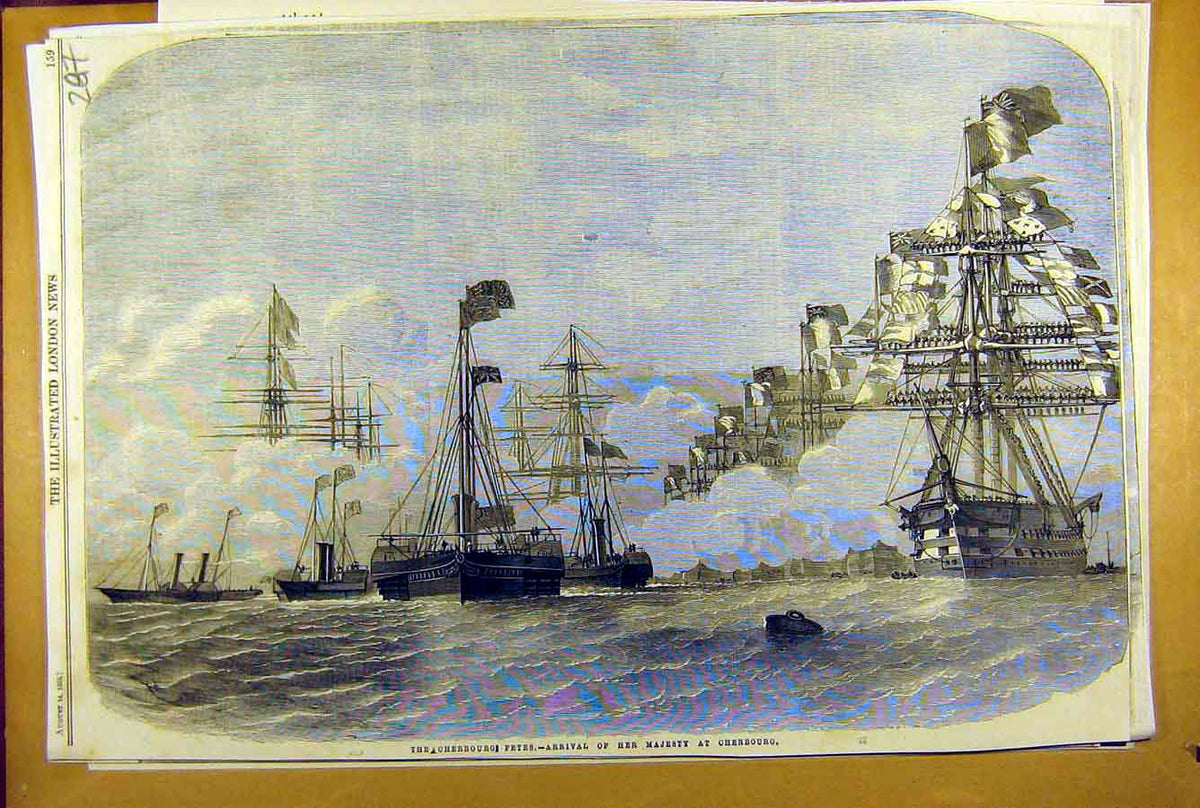 Original Old Antique Print 1858 Cherbourg Fetes Queen Royal Visit Fleet Ships
