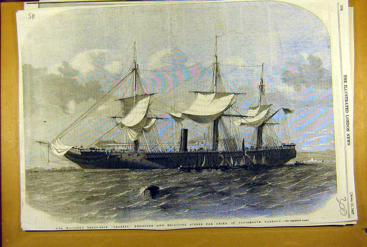 Original Old Antique Print 1857 Hms Troop-Ship Transit Stores China Portsmouth