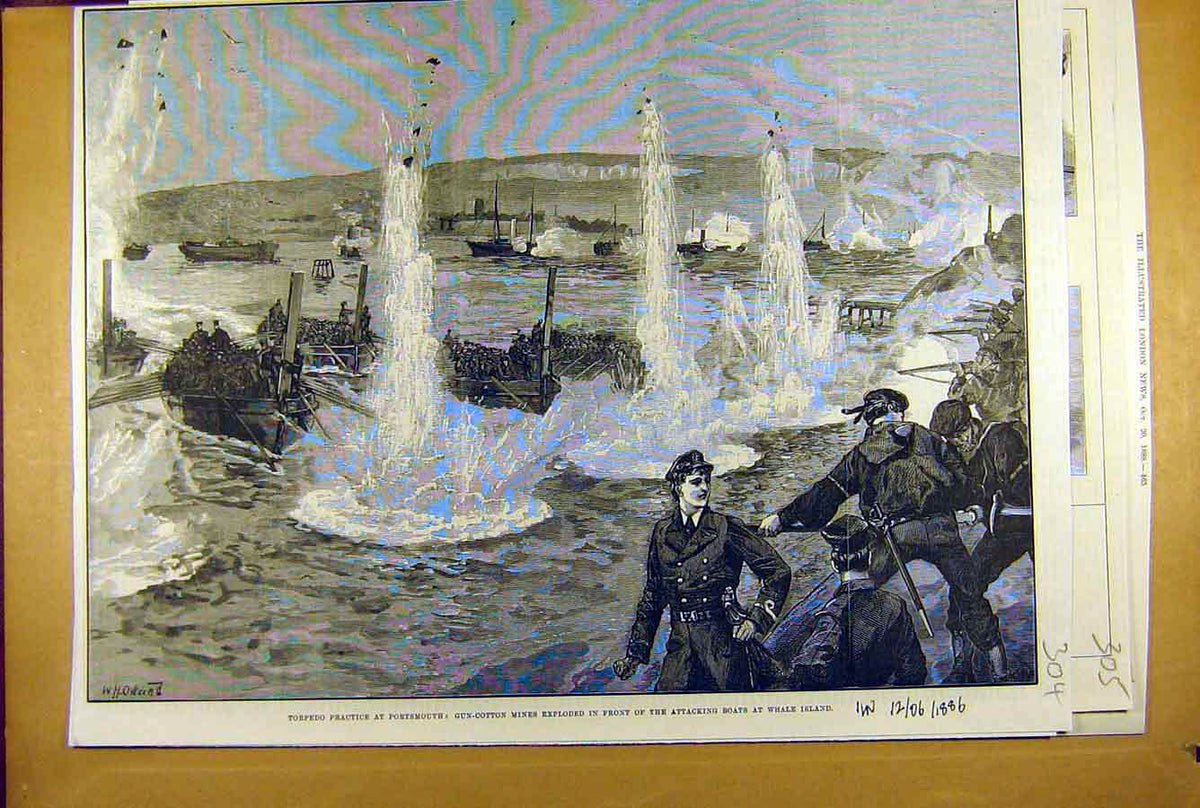 Old Antique Print 1886 Torpedo Practice Portsmouth Gun-Cotton Mines Whale 19th