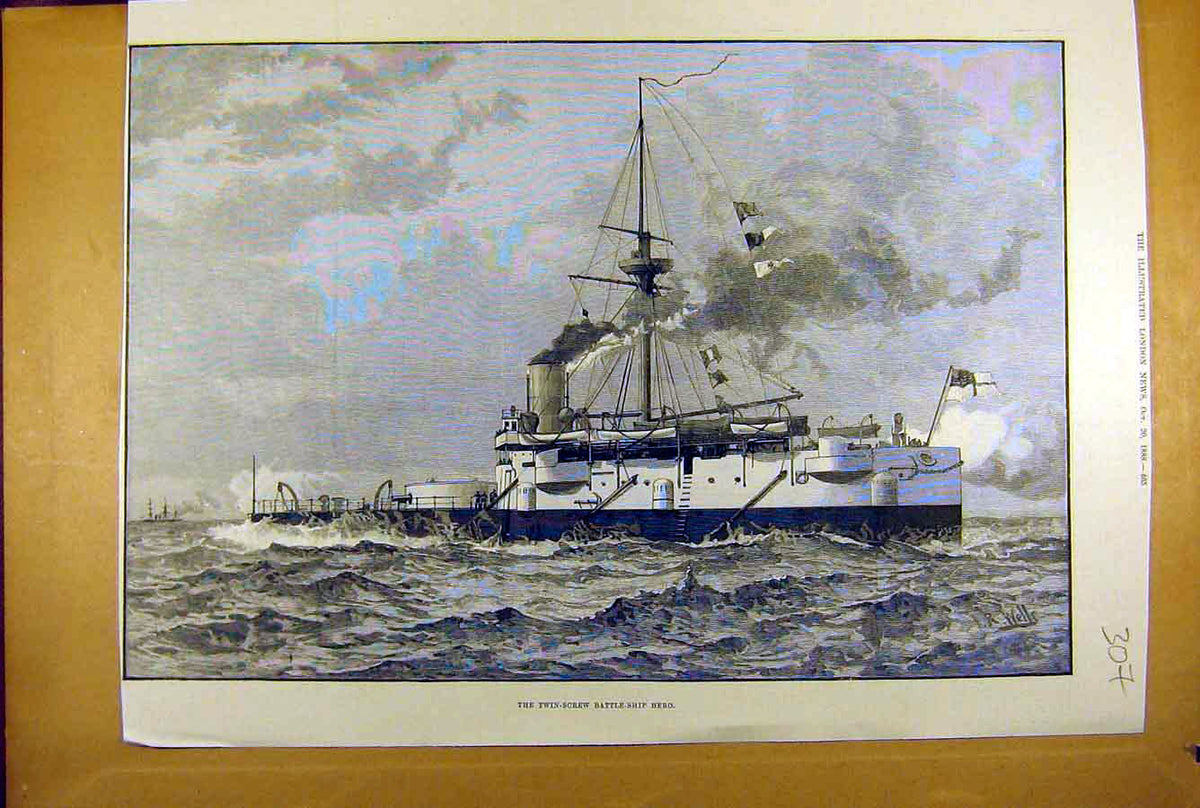 Original Old Antique Print 1888 Twin-Screw Battle-Ship Hero Naval 19th