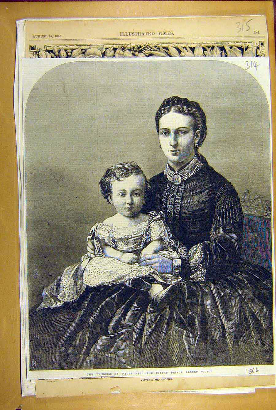 Original Old Antique Print 1866 Princess Wales Infant Prince Albert Victor 19th