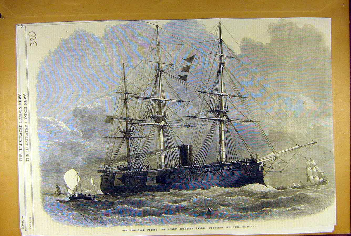 Original Old Antique Print 1866 Iron-Clad Fleet Screw Corvette Pallas Gun-Ship