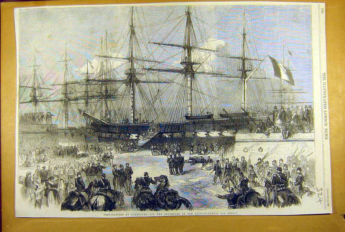 Original Old Antique Print 1862 Cherbourg Reinforcements Mexico Military War