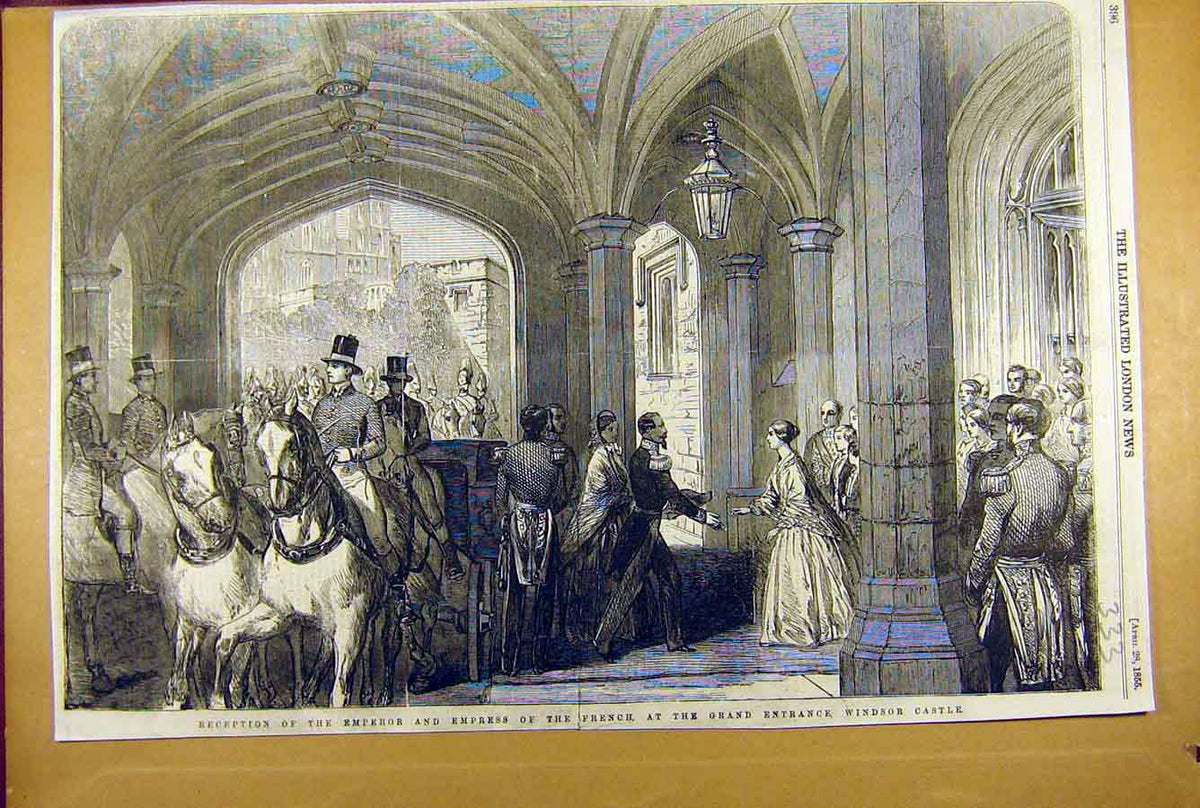 Original Old Antique Print 1855 Emperor Empress French Windsor Castle Visit 19th