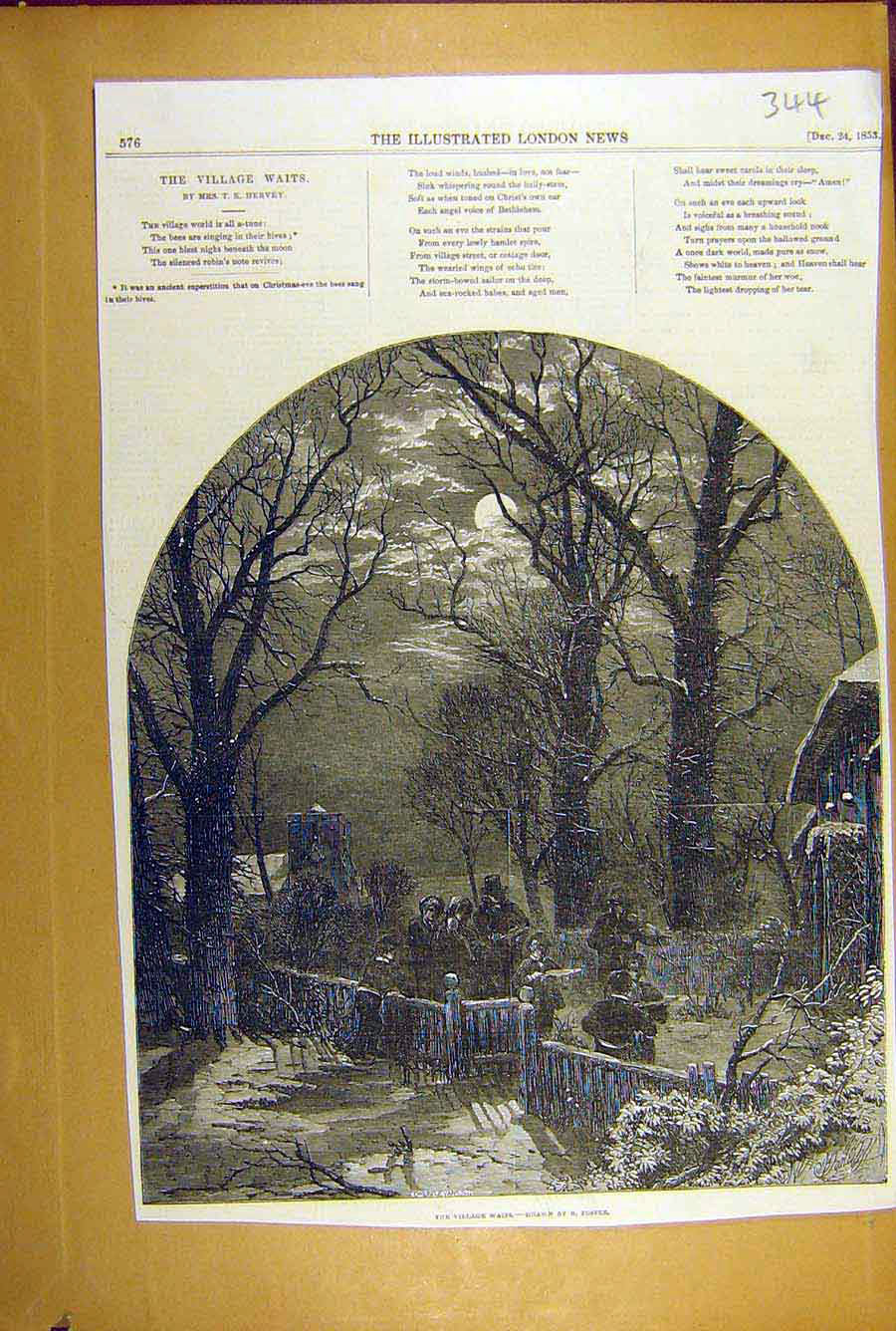 Original Old Antique Print 1853 Village Waits Foster Hervey Poetry Choir Carols