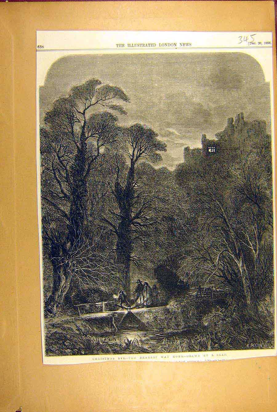 Original Old Antique Print 1856 Christmas Eve Walk Home Read Sketch Victorian