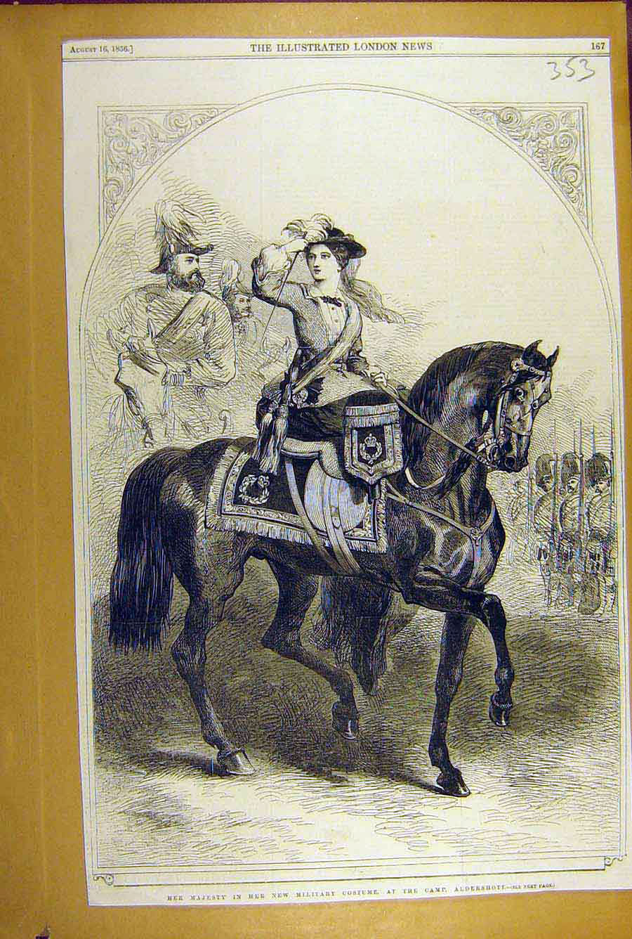 Original Old Antique Print 1856 Queen Military Costume Aldershot Camp Royal 19th
