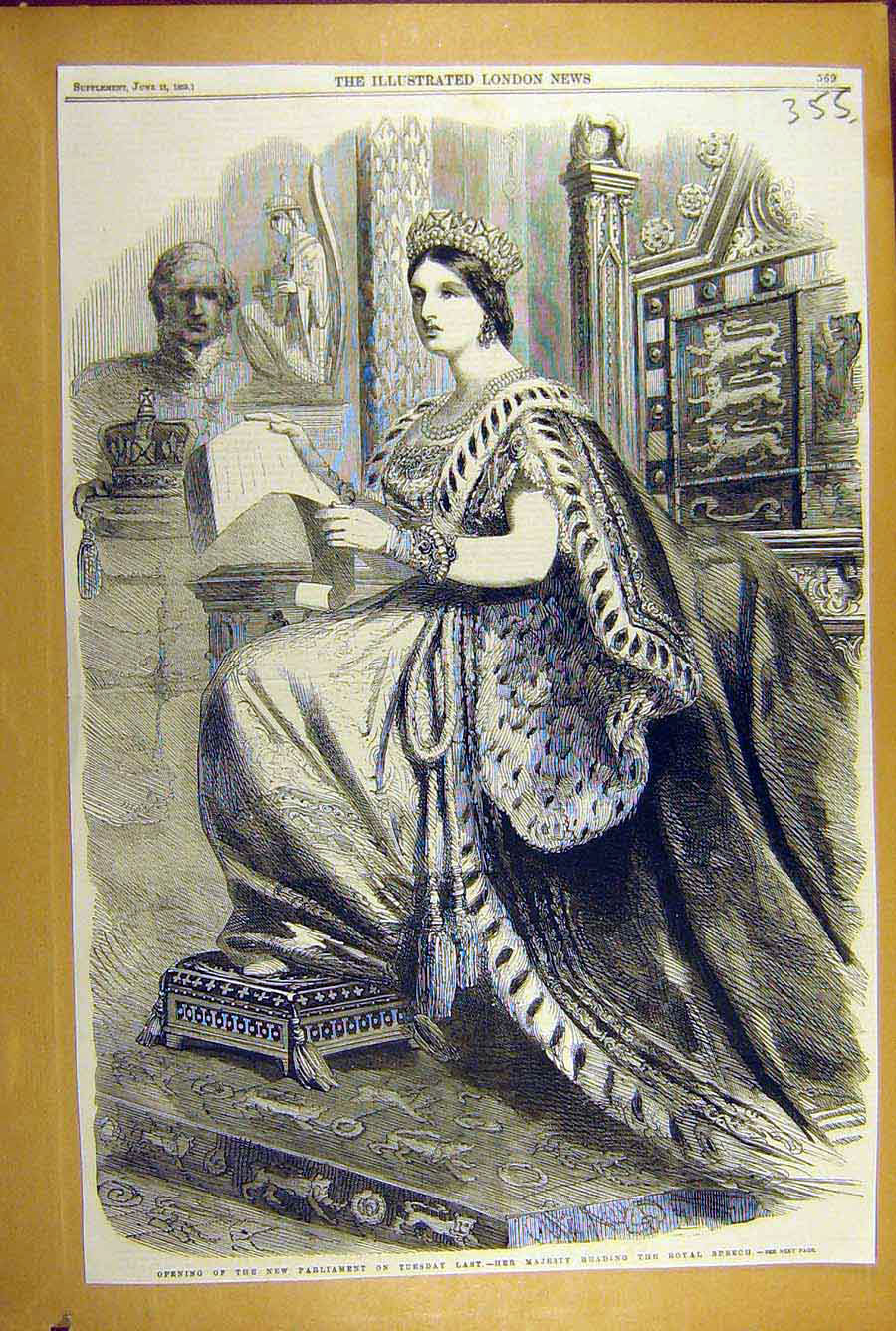 Original Old Antique Print 1859 Parliament Opening Queen Royal Speech Victorian