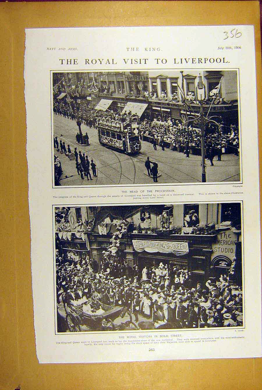 Original Old Antique Print 1904 King Liverpool Procession B-Street Royal Visit