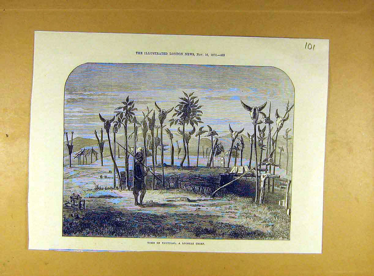 Original Old Antique Print 1872 Tomb Voupilai Looshai Chief 19th
