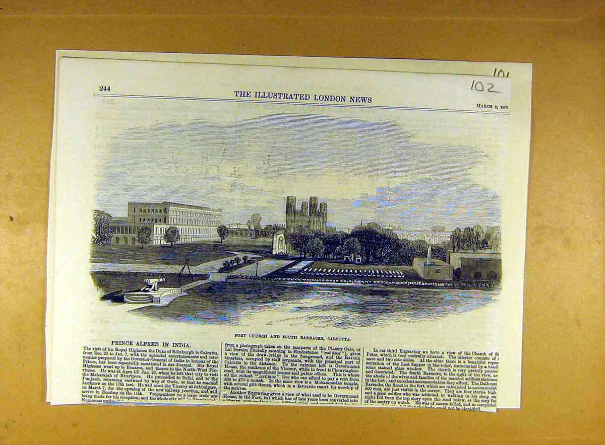 Original Old Antique Print 1870 Fort Church South Barracks Calcutta Victorian