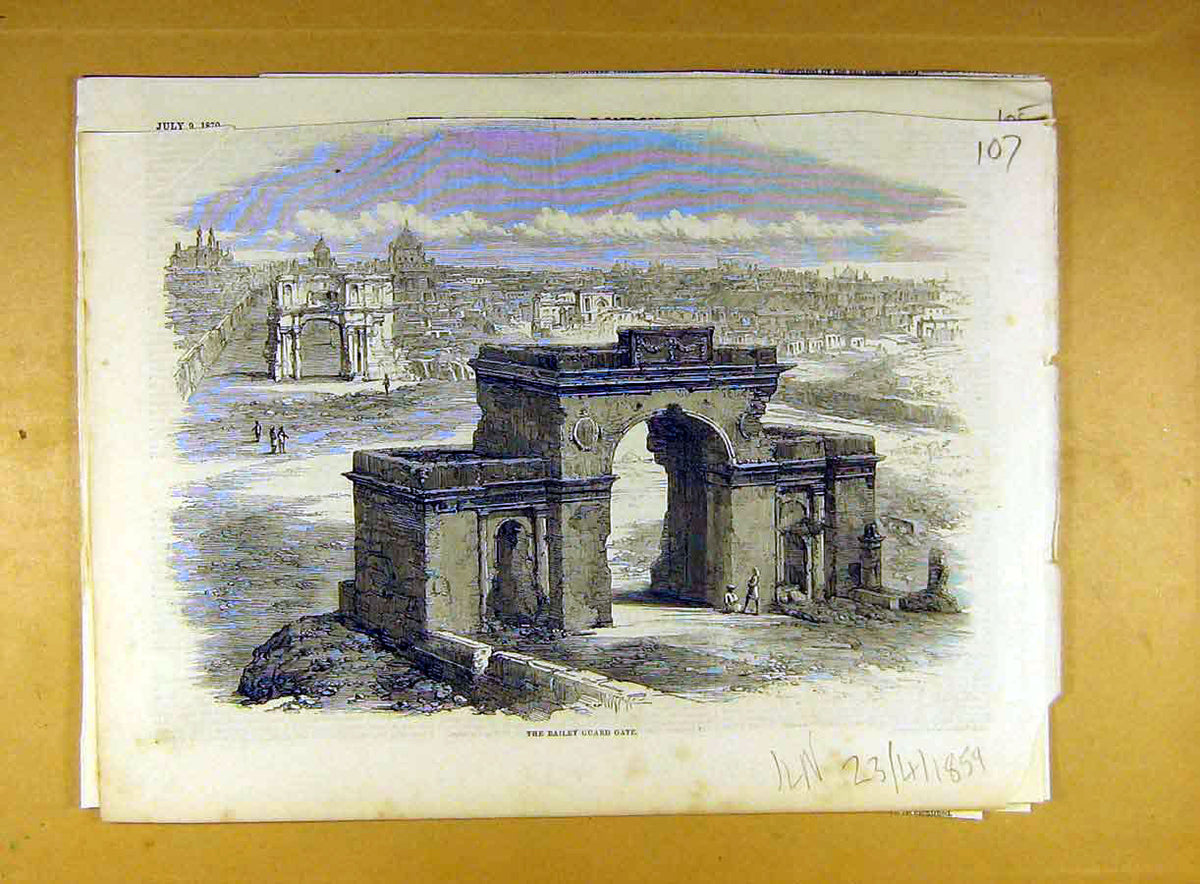 Original Old Antique Print 1859 Bailey Guard Gate Ruins Building 19th