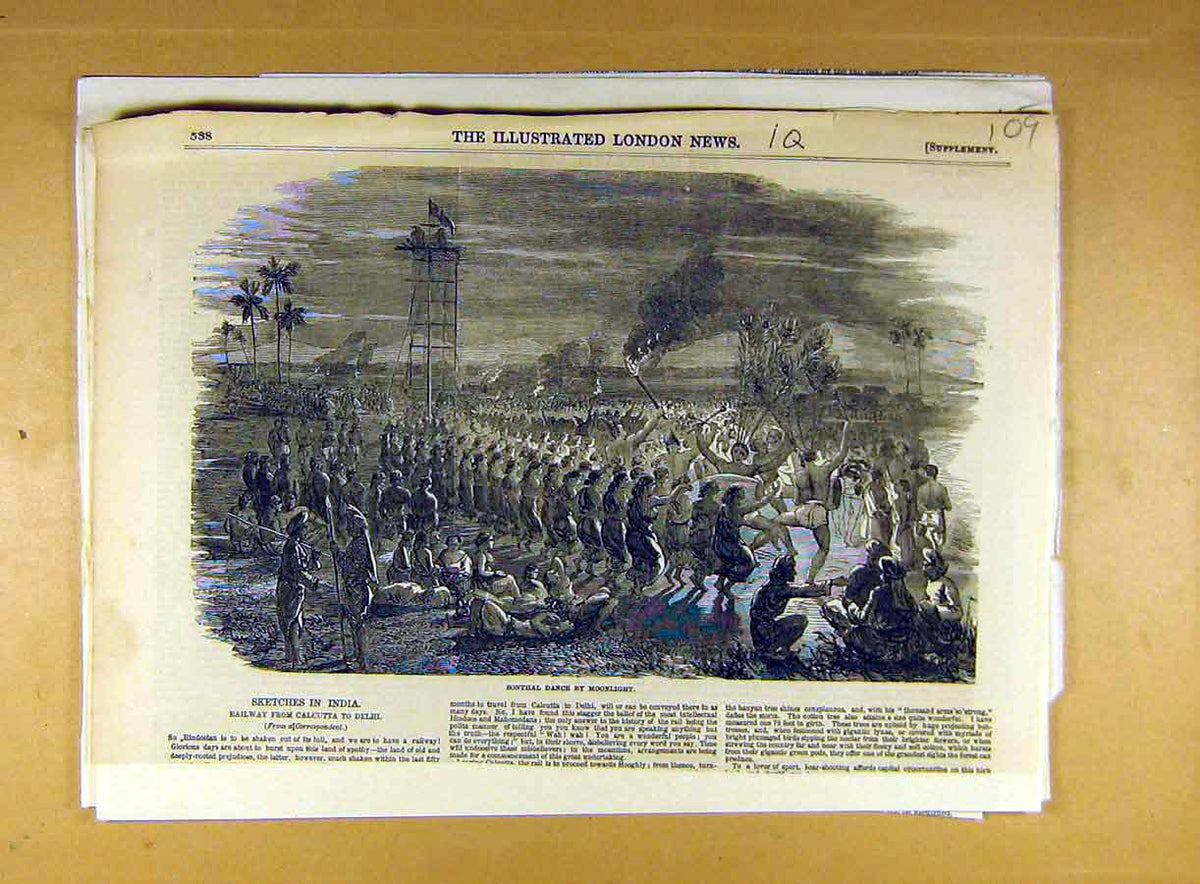 Original Old Antique Print 1851 Sonthal Dance Moonlight Sketches India Railway