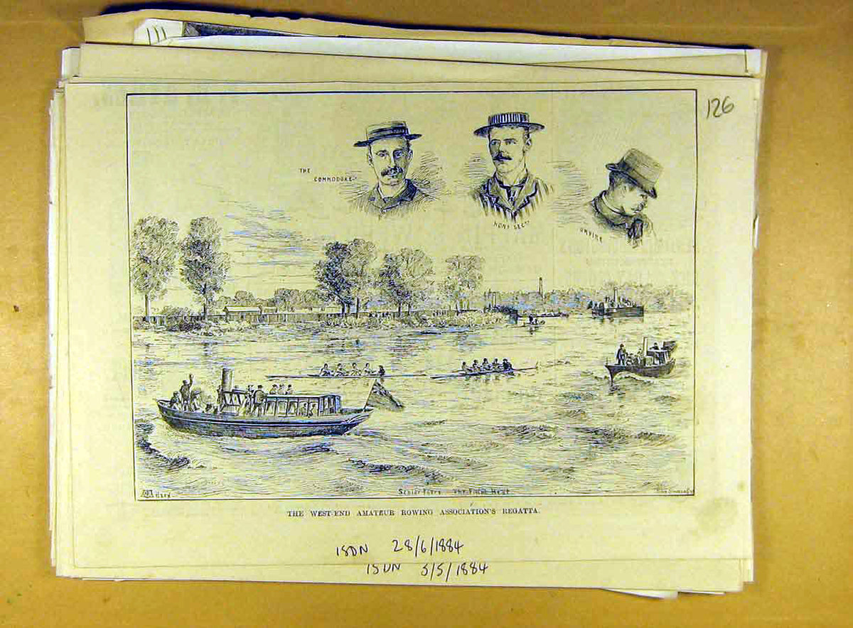 Original Old Antique Print 1884 West-End Amateur Rowing Association Regatta 19th