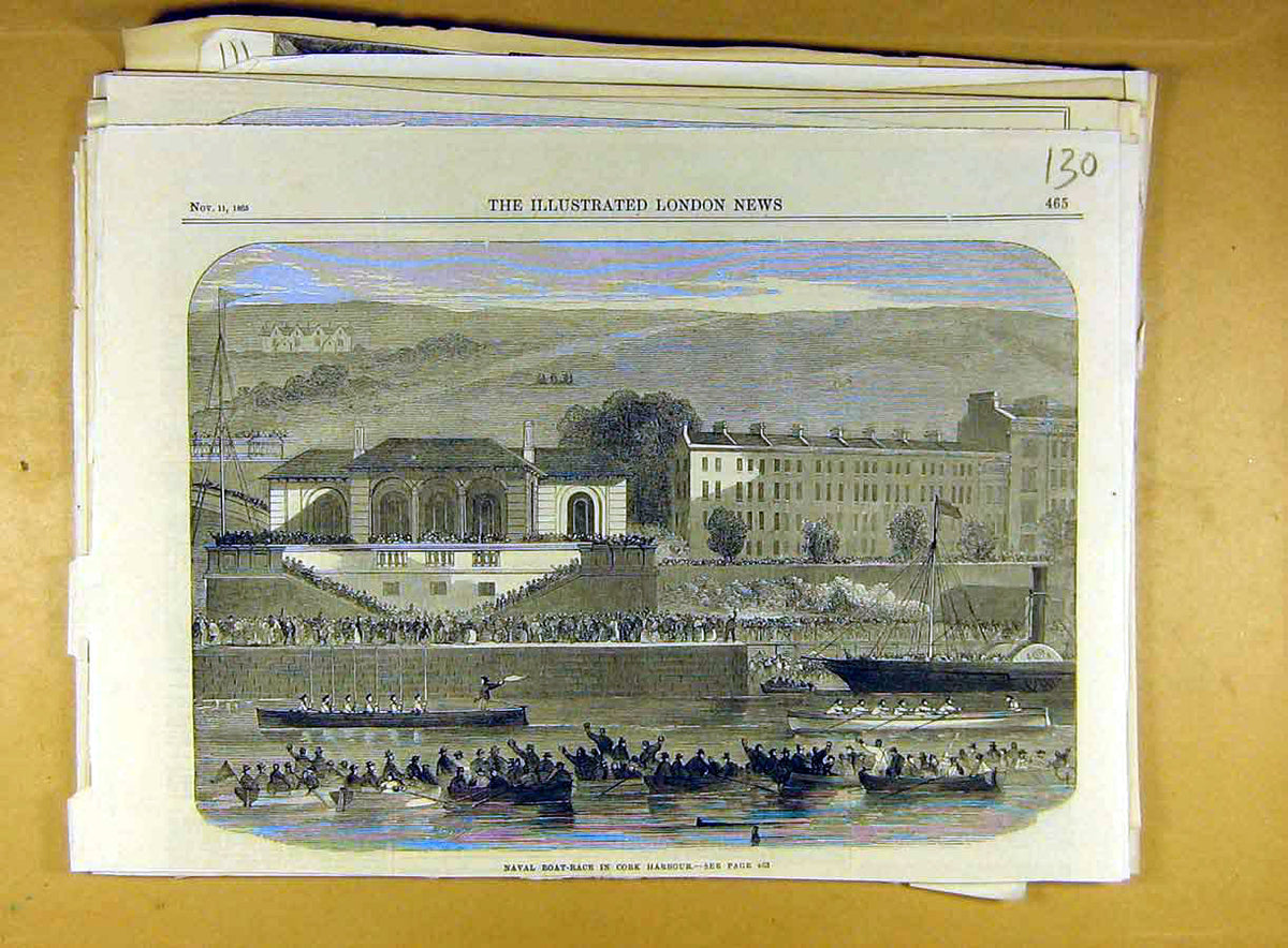 Original Old Antique Print 1865 Naval Boat-Race Cork Harbour Ireland Victorian