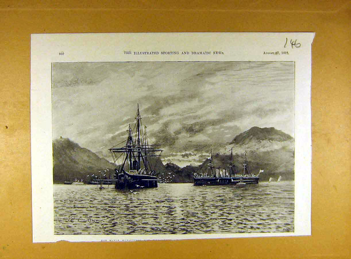 Original Old Antique Print 1892 Naval Manoeuvres Ships Flotilla Navy Victorian