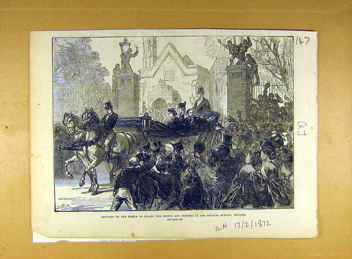 Original Old Antique Print 1872 Prince Wales Princess Railway Station Windsor