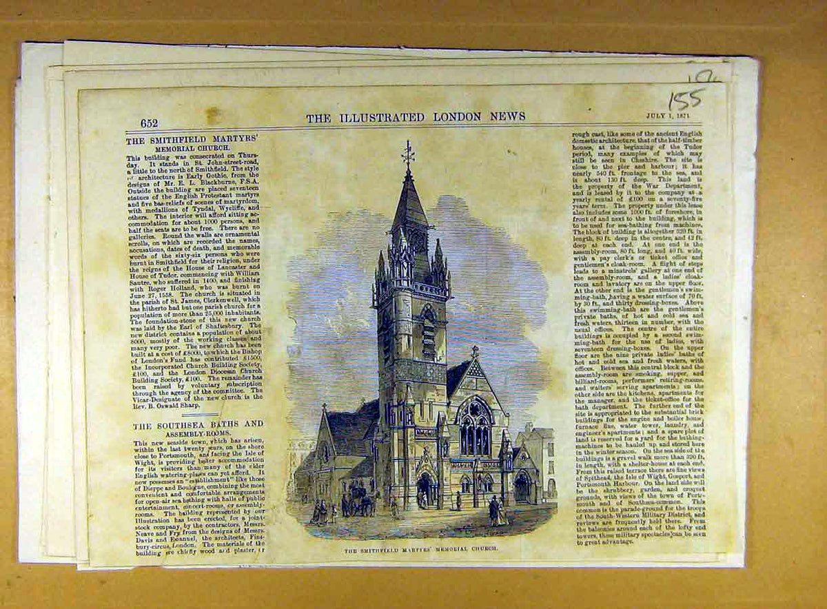 Original Old Antique Print 1871 Smithfield Martyrs Memorial Church Building 19th