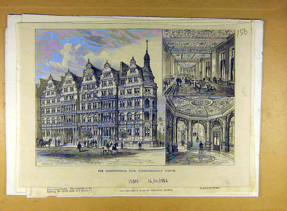 Original Old Antique Print 1886 Constitutional Club Northumberland Ave Building