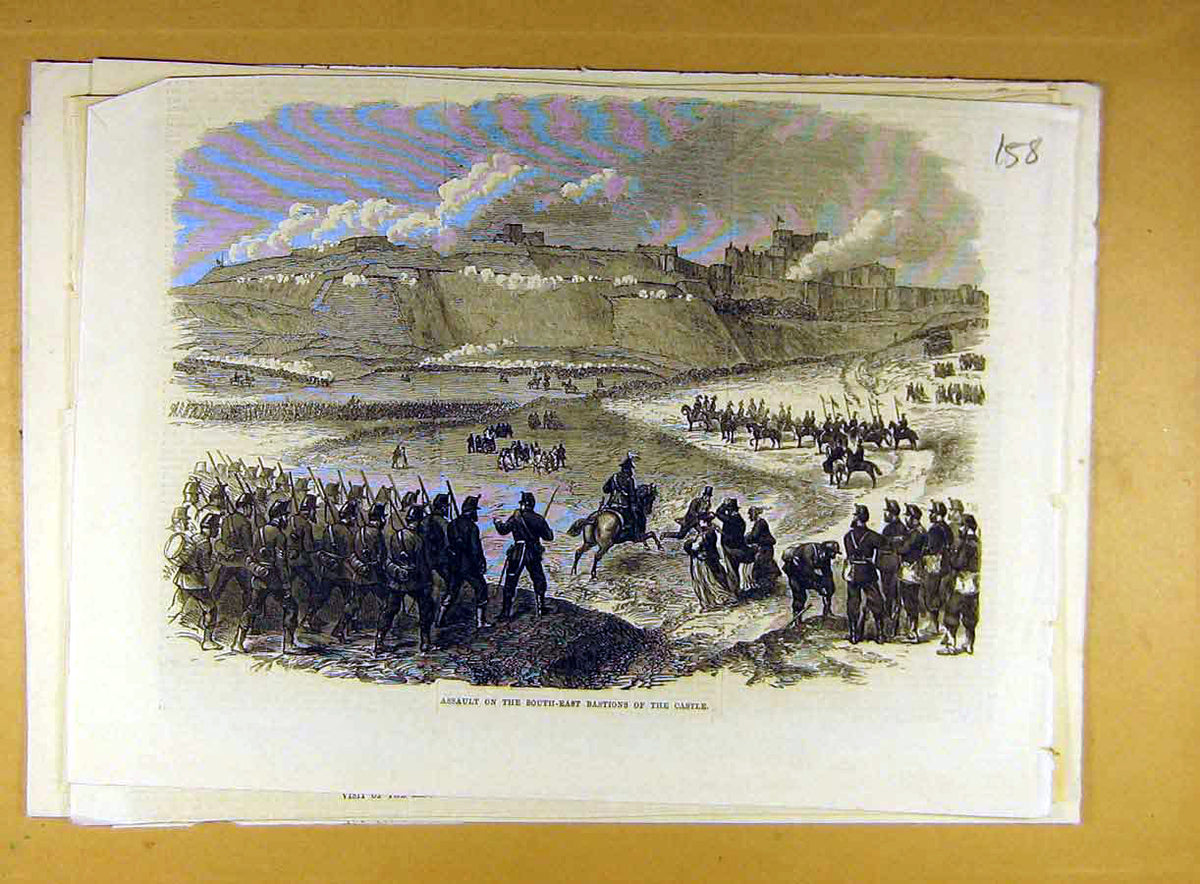 Original Old Antique Print Assault South-East Bastions Castle Military