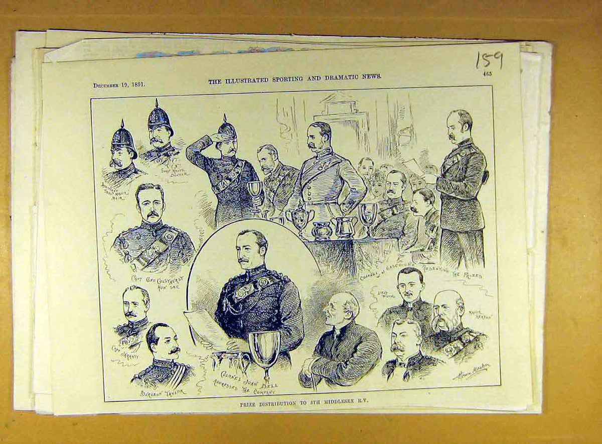 Original Old Antique Print 1891 Prize Distribution 5Th Middlesex R.V. Military