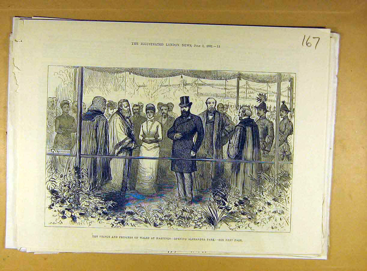 Original Old Antique Print 1882 Prince Princess Wales Hastings Alexandra Park