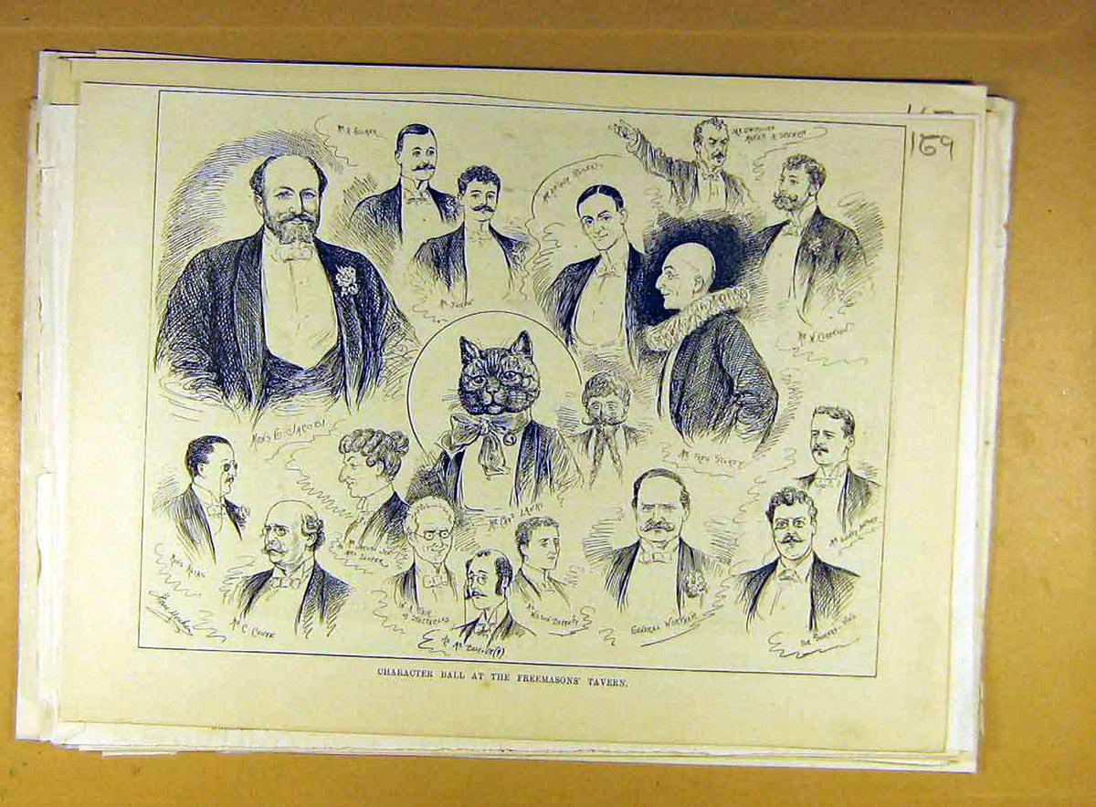 Original Old Antique Print Character Ball Freemasons Tavern Sketches