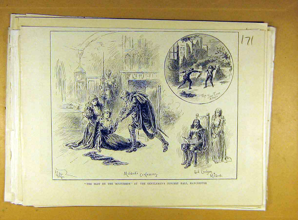 Original Old Antique Print Gentlemen'S Concert Hall Manchester Blot Scutcheon