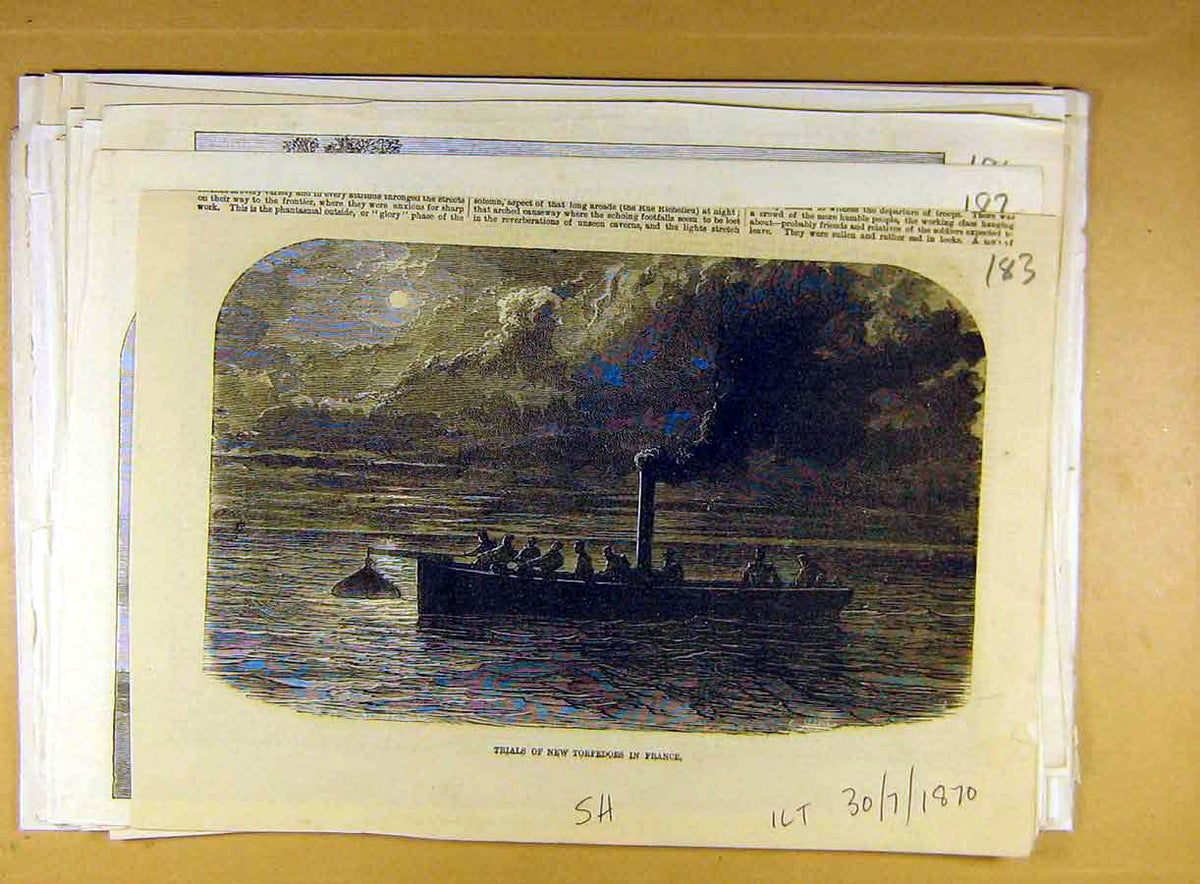 Original Old Antique Print 1870 Trials New Torpedoes France Naval 19th