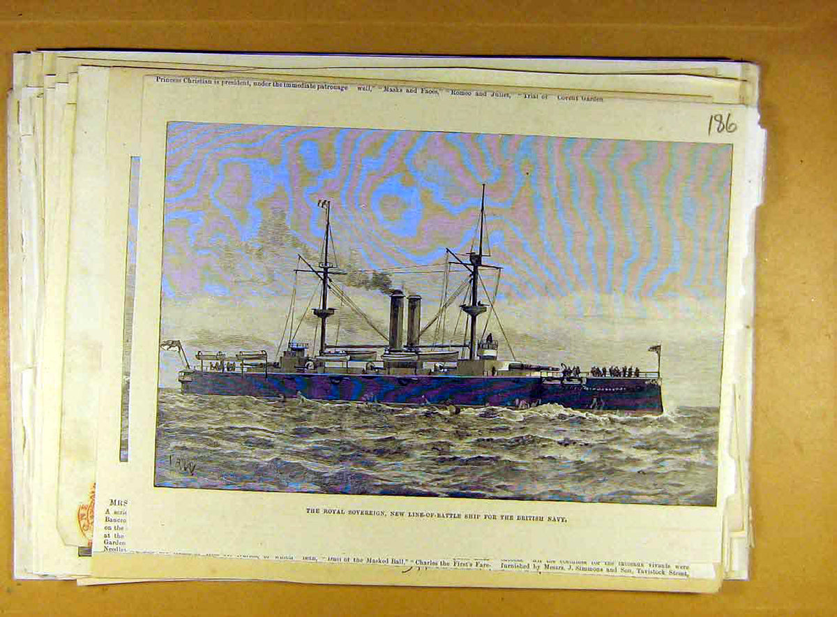 Original Old Antique Print Royal Sovereign Brisith Navy Line-Of-Battle Ship