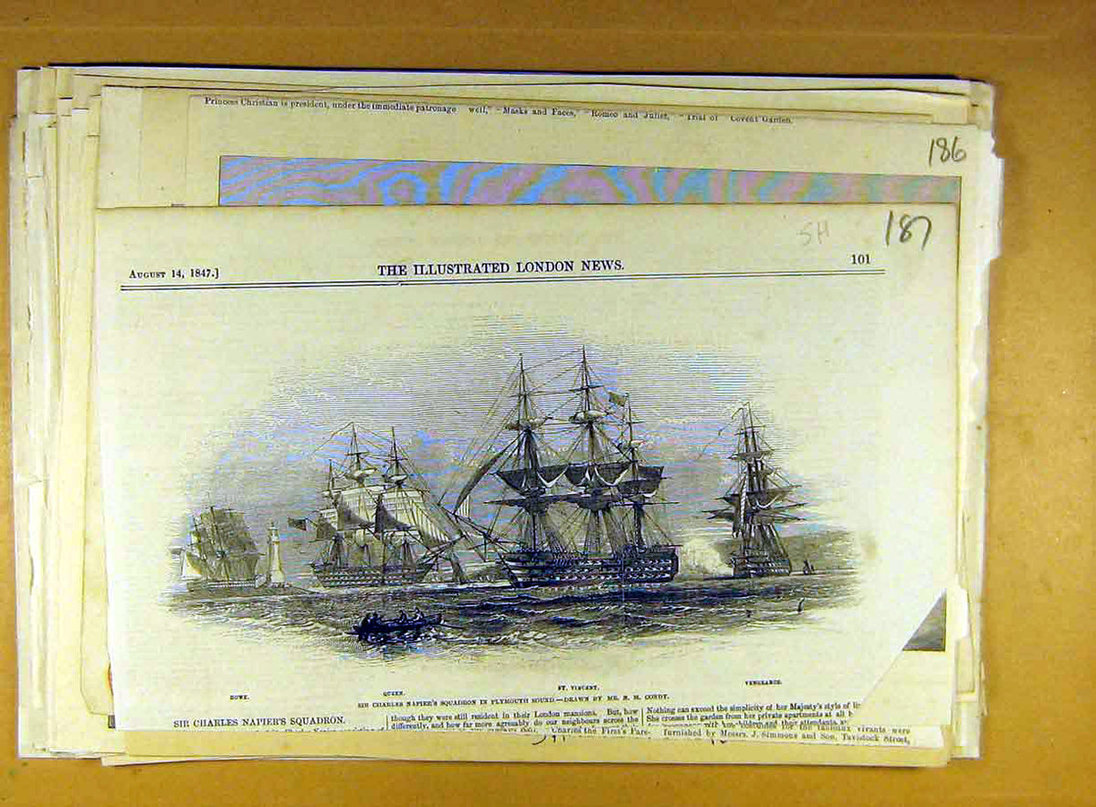 Original Old Antique Print 1847 Napier Squadron Plymouth Sound Condy Sketch 19th
