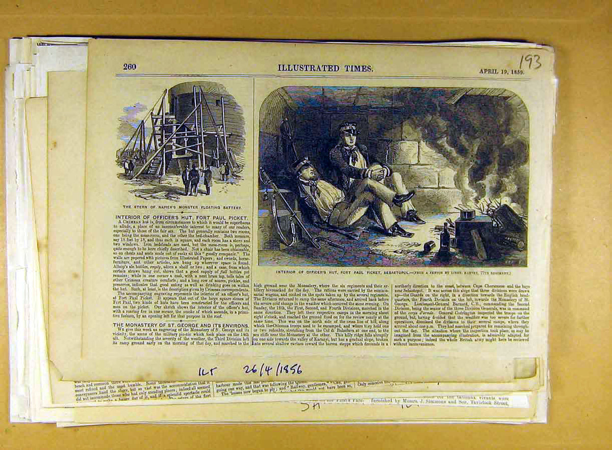 Old Antique Print 1859 Officer'S Hut Fort Paul Sebastopol Napier Battery 19th