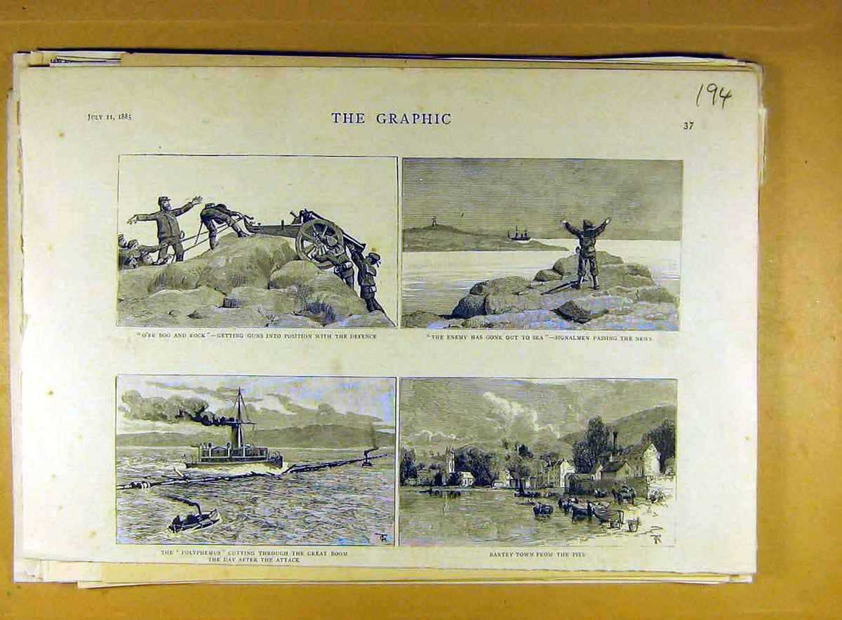 Original Old Antique Print 1885 Military Guns Signal-Man Polyphemus Bantry Town