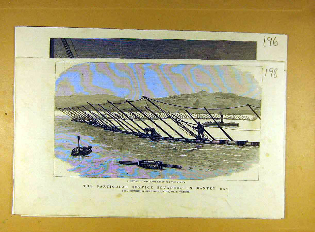 Original Old Antique Print Bantry Bay Service Squadron Boom Section Villiers
