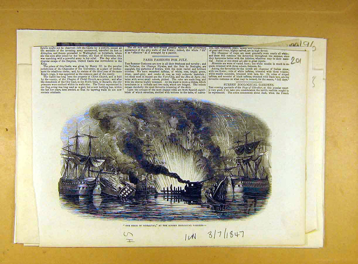 Original Old Antique Print 1847 Siege Gibraltar Surrey Zoological Gardens 19th