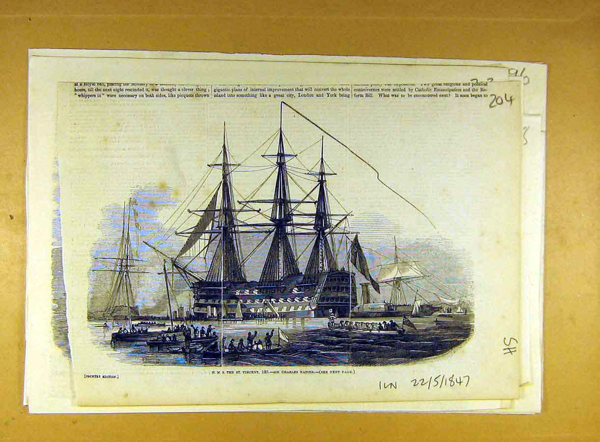 Original Old Antique Print 1847 Hms The-St-Vincent Napier Naval 19th