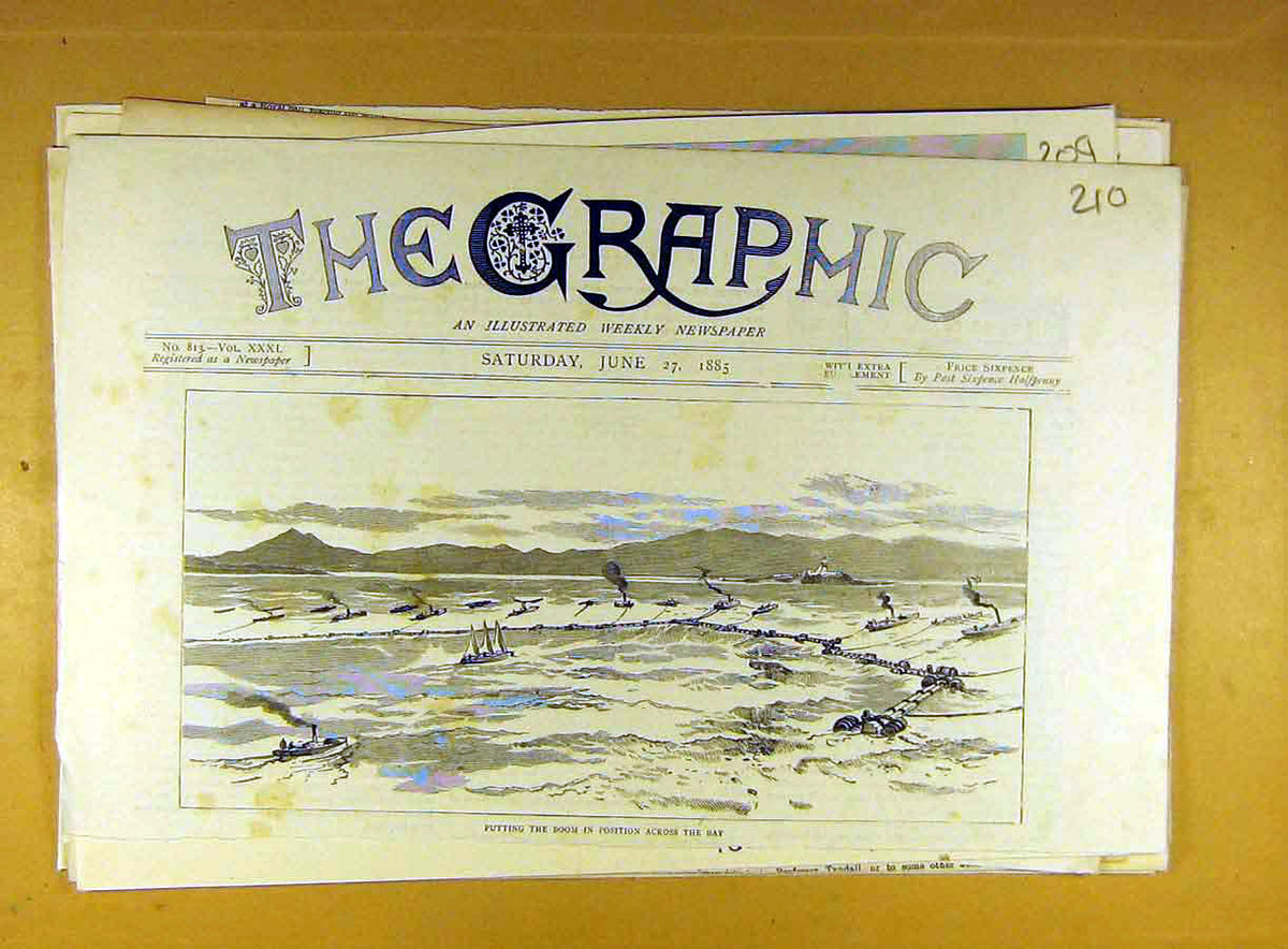 Original Old Antique Print 1885 Boom Naval Bay Ships Boats Navy 19th