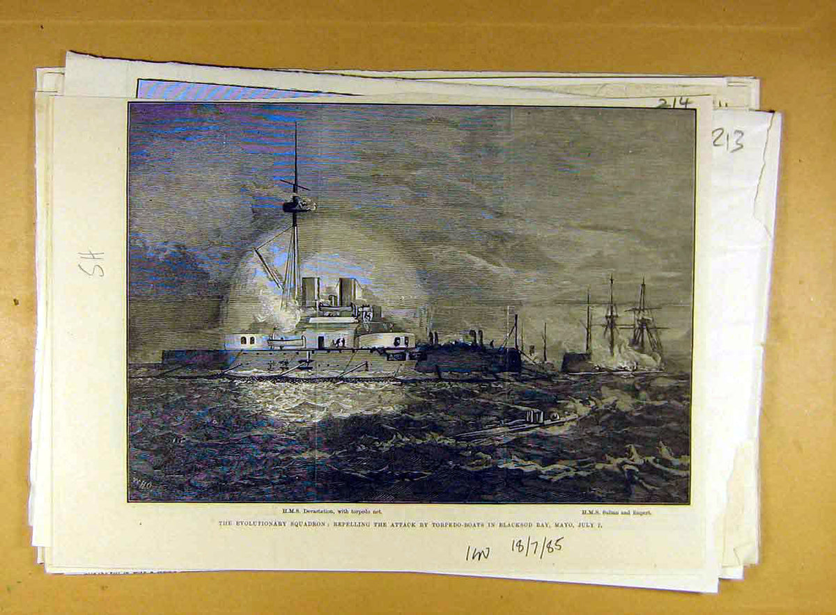 Original Old Antique Print 1885 Hms Devastation Torpedo Naval Squadron Blacksod