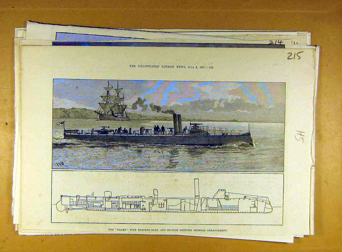 Original Old Antique Print 1887 Falke Torpedo-Boat Section Diagram Naval 19th