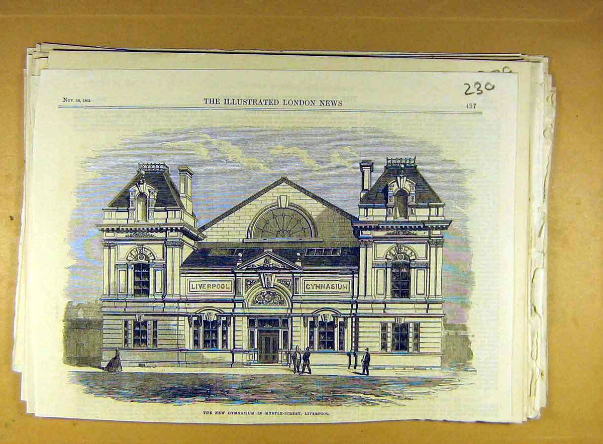 Original Old Antique Print 1865 Gymnasium Myrtle Street Liverpool Building 19th